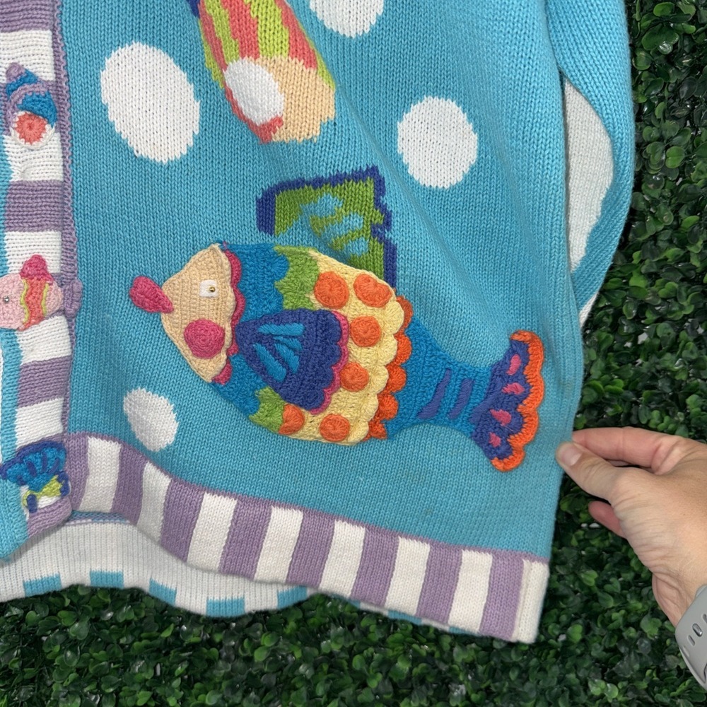 Vintage Berek 2 Cardigan Sweater Womens Large Fish Patchwork Colorful Boho - Picture 2 of 6